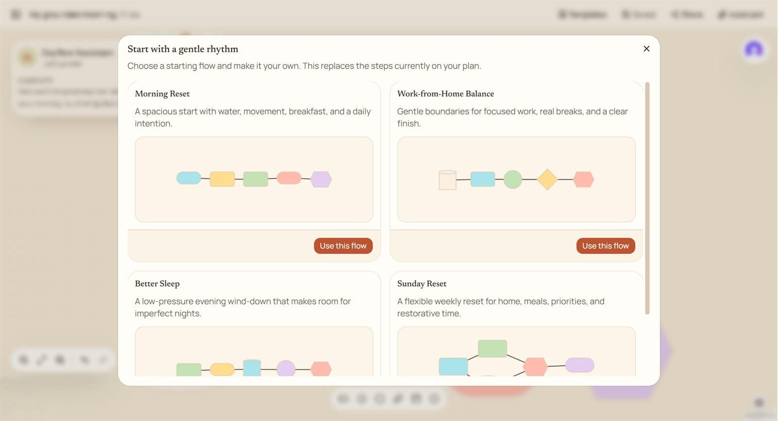 Dayflow dialog, Start with a gentle rhythm, offering Morning Reset, Work-from-Home Balance, Better Sleep, and Sunday Reset.