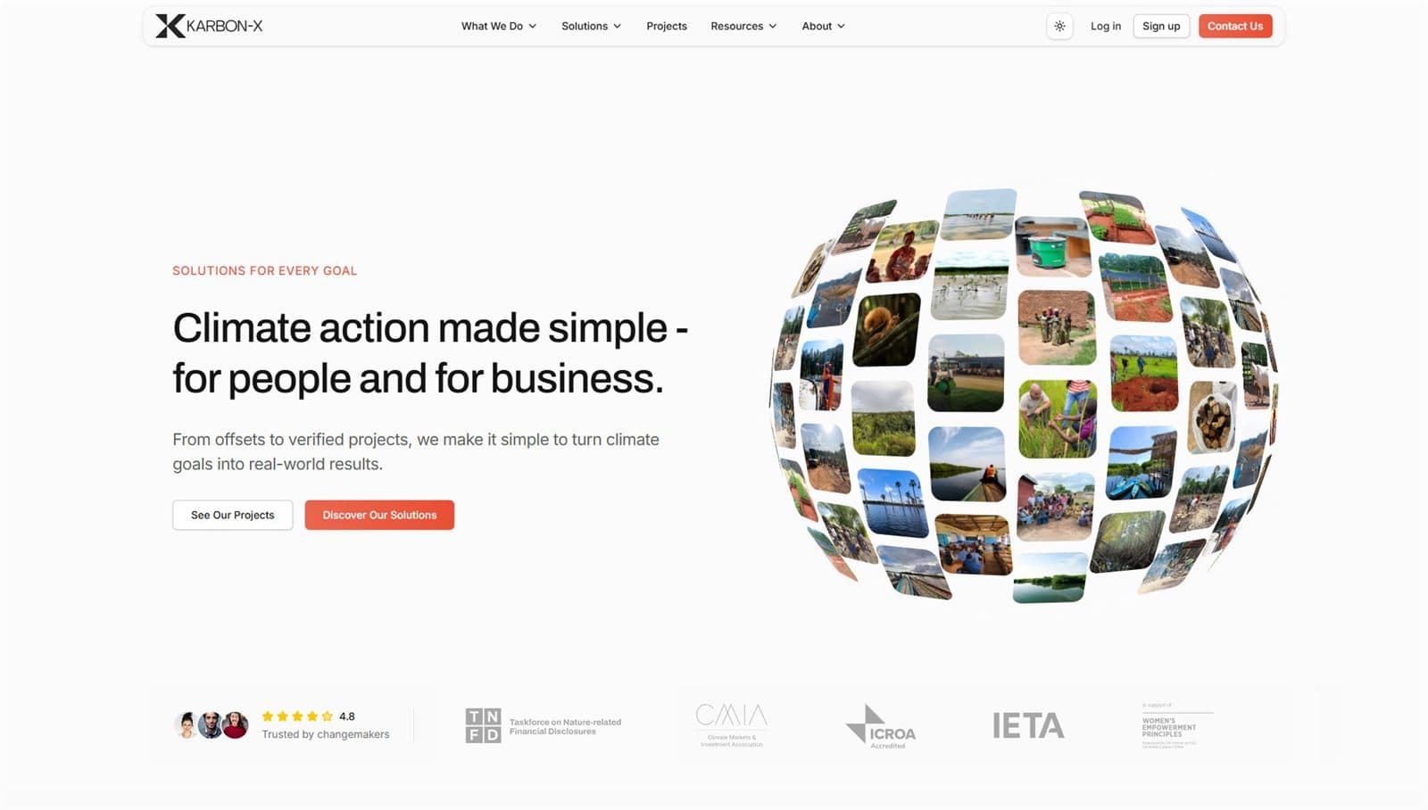 Karbon-X homepage. The headline reads Climate action made simple, beside a globe made of project photographs.