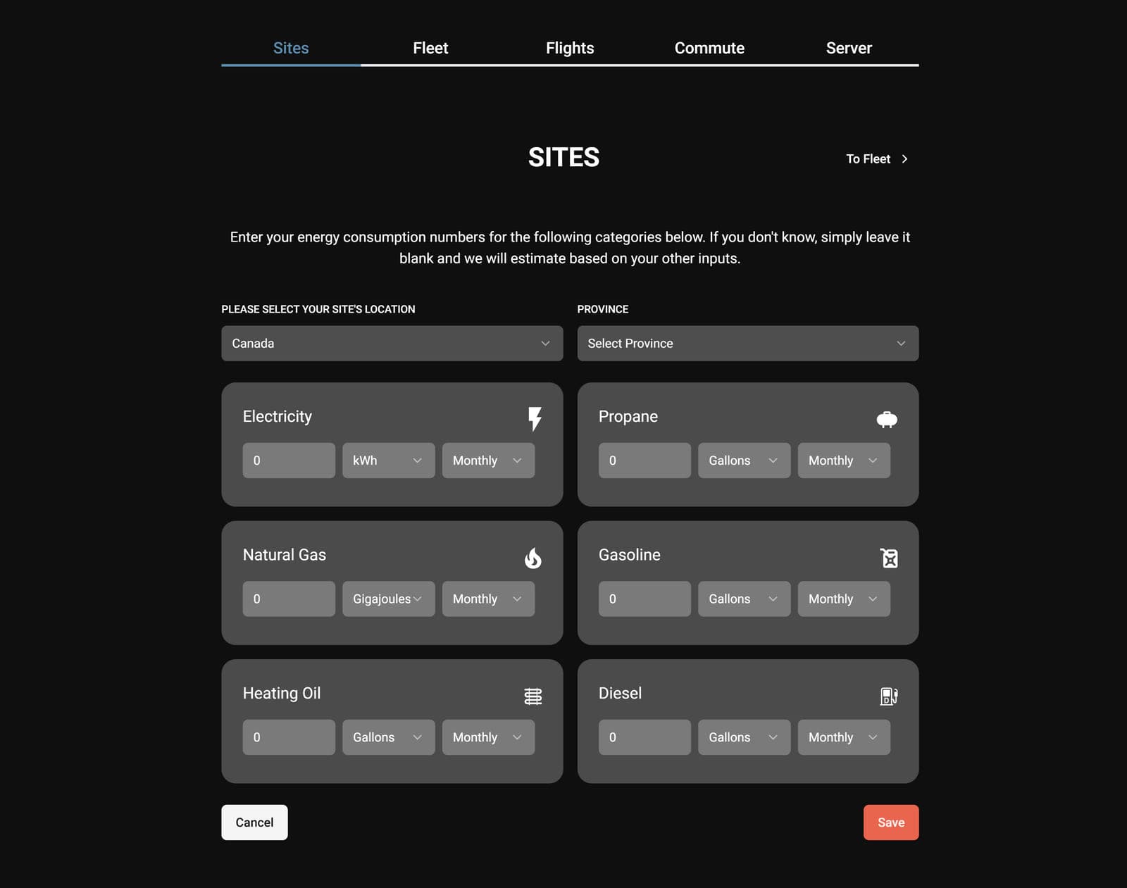 Original calculator, Sites tab, with Canada selected and a province field beside six energy inputs.