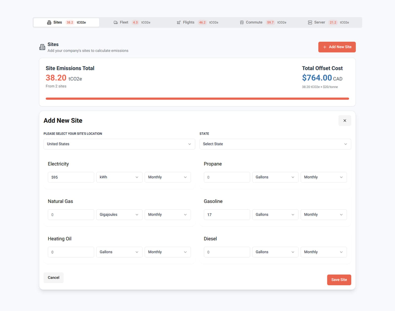 Portal Sites screen with a site emissions total, an offset cost, and a form for adding a United States site.