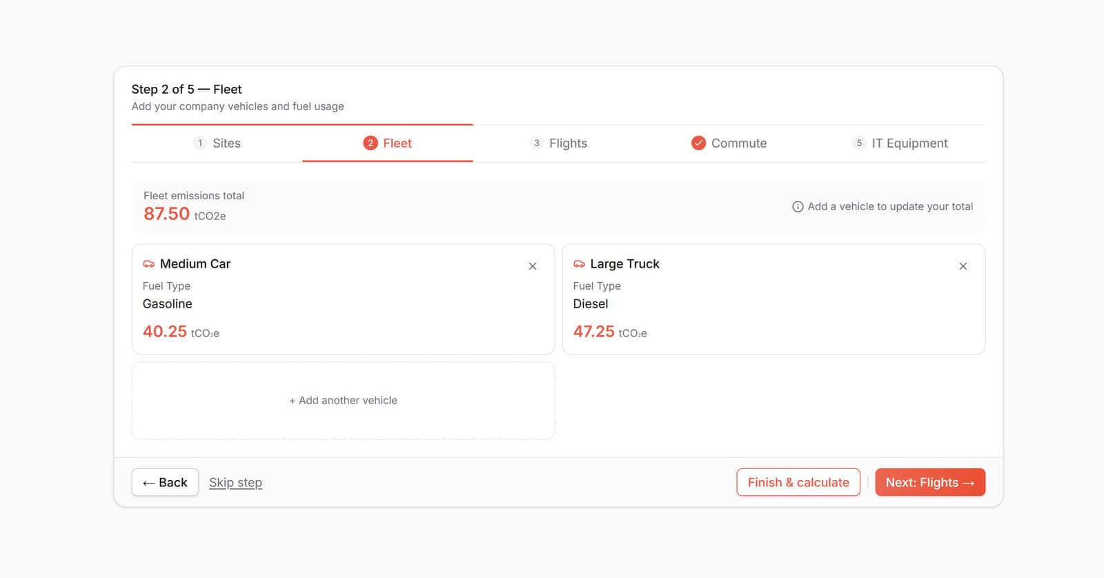 Business Emissions Calculator, step 2 of 5, Fleet, with a gasoline car and a diesel truck.