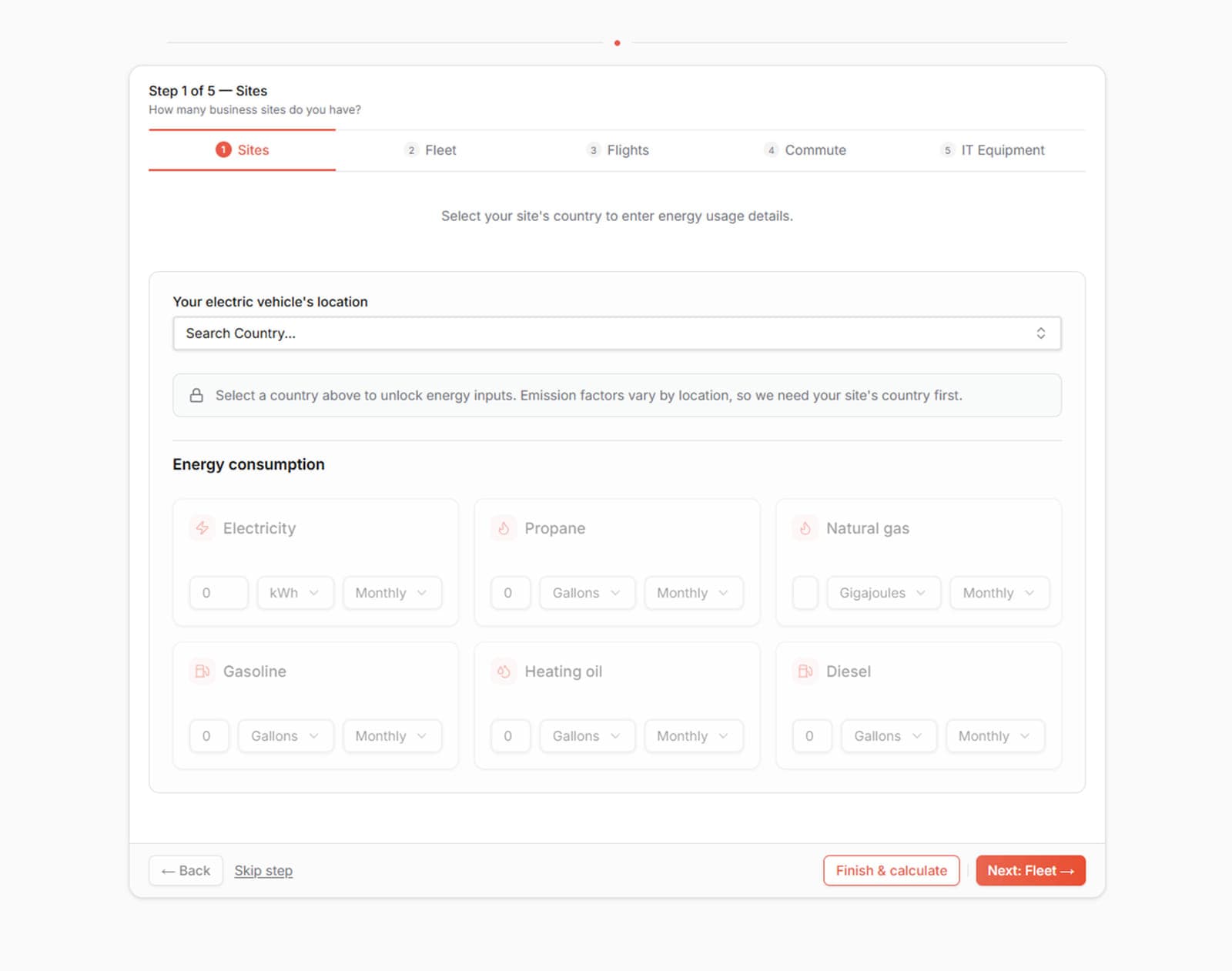 Step 1 of 5, Sites, with Skip step and Finish and calculate in the footer.